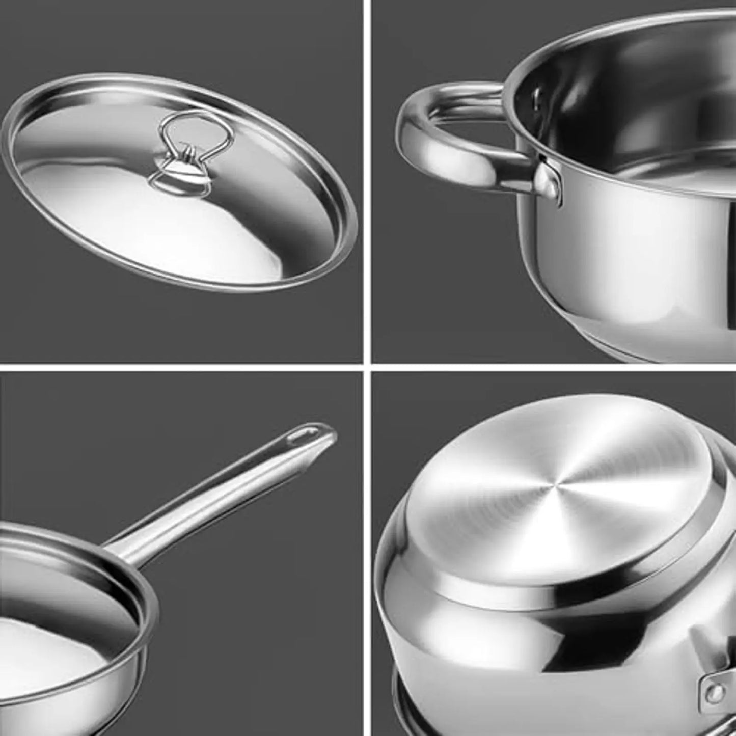 Stainless Steel Pots and Pans Set – 15 Pieces Cookware with 6 Pots/Pans, 6 Lids & 3 Utensils, Fixed Handles, Induction/Dishwashe