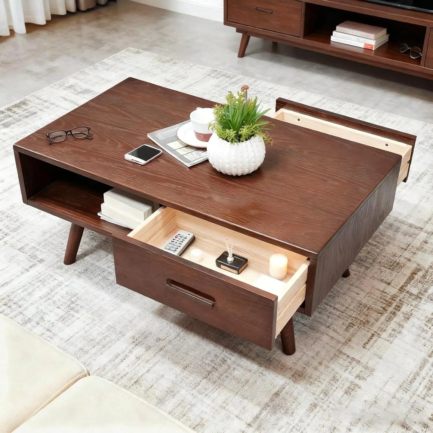 Solid Wood Coffee Table, Mid-Century Modern Coffee Tables with 2 Drawers & Open Shelf, Wooden Table for Living, Customized