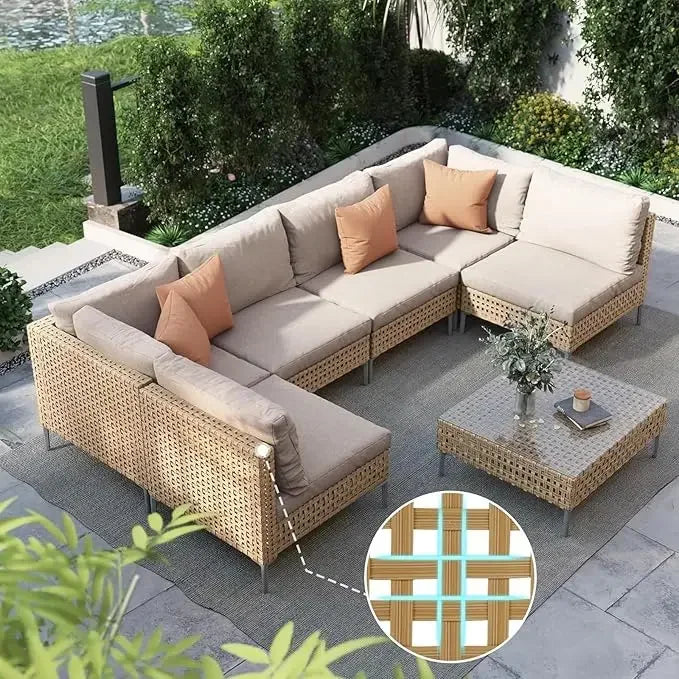 Patio Furniture Set, Boho Outdoor Conversation Set Sectional Sofa with Water Resistant Thick Cushions and Coffee Table