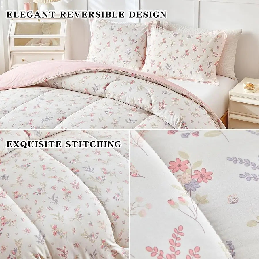 3pcs Cotton Comforter Set for Girls, Pink Floral Design, Twin Size Soft n Cozy Bedding Comforter Set for All Season 68x88 inches