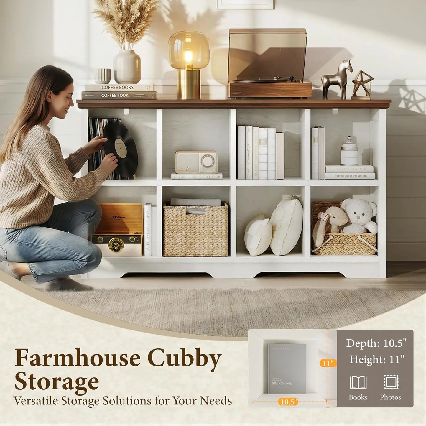 8 Cube Storage Organizer Shelf,Open Bookcase for Bins & Decor,Living Room Bedroom Office,Walnut White,Custom