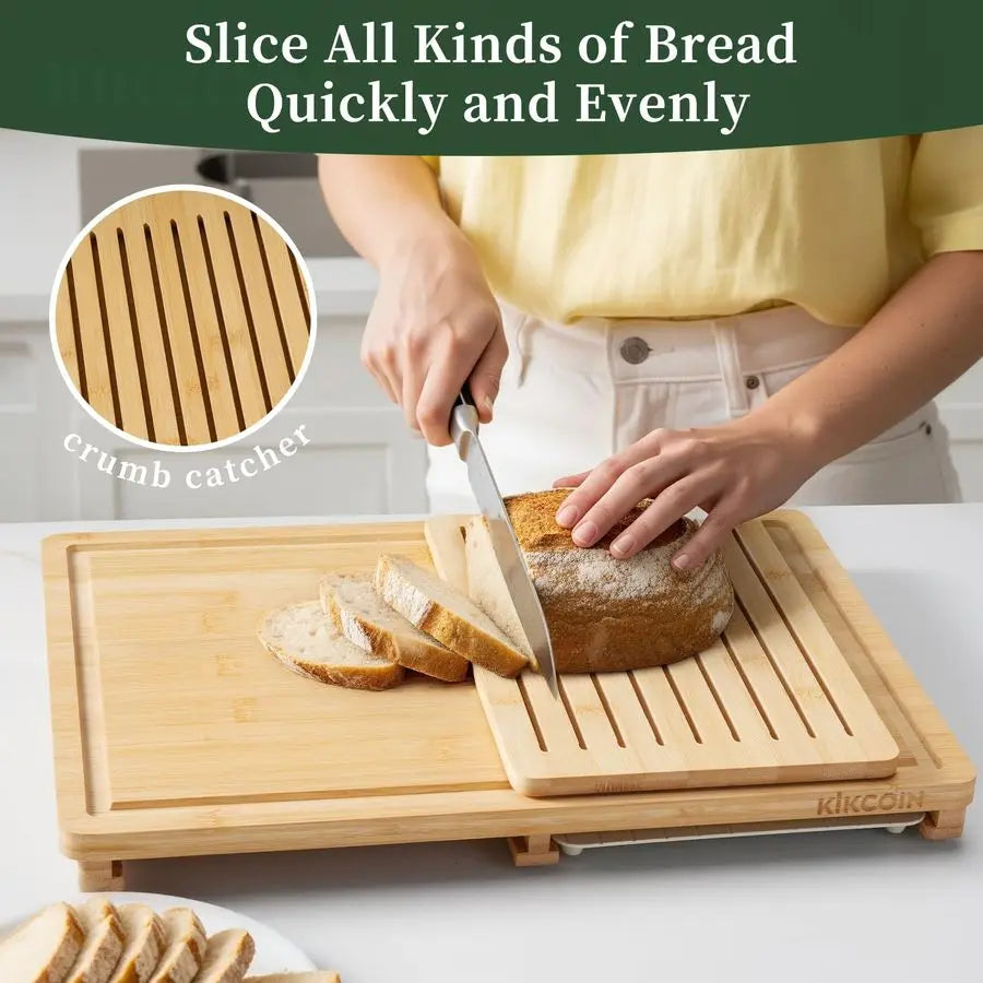Bamboo Cutting Board Set with Defrosting Tray, Wood Cutting Boards for Kitchen with Deep Juice Grooves amp Builtin Organizer Mea