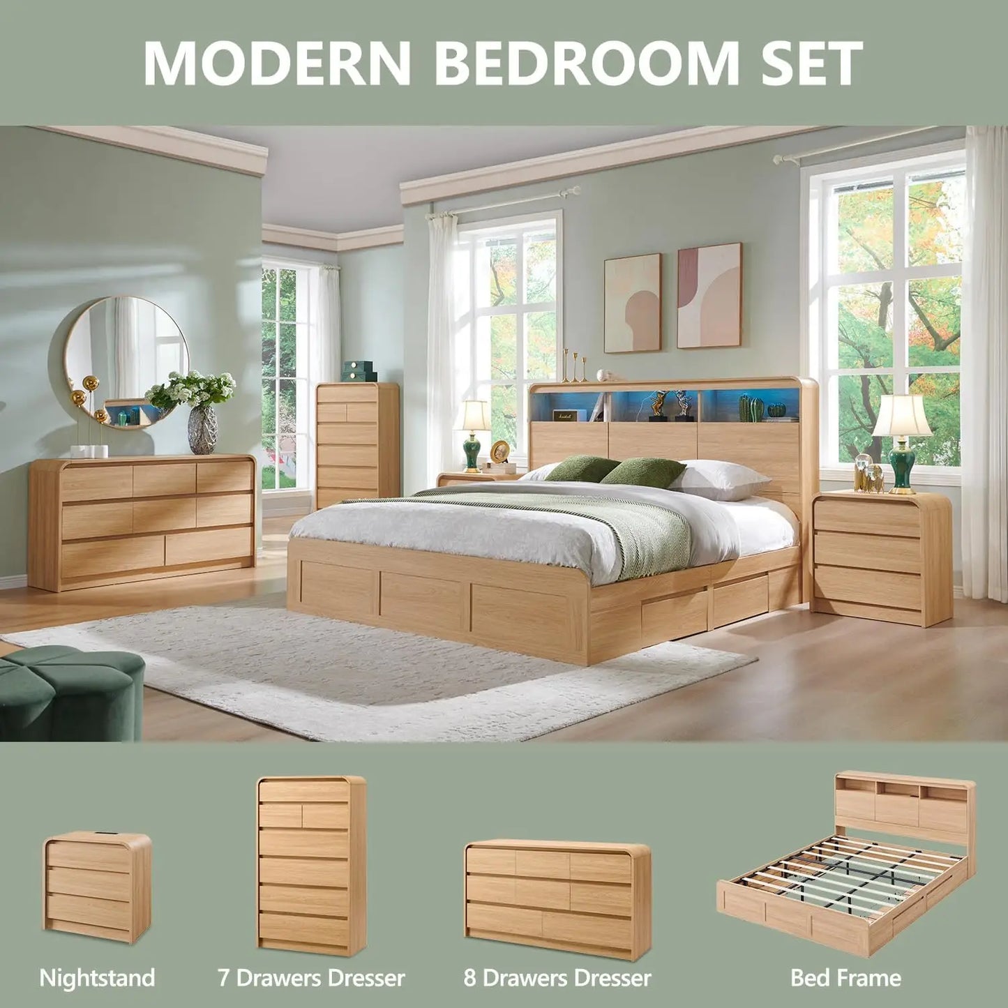 Modern 8 Drawers Dresser for Bedroom, 55" Wide Dressers & Chest of Drawers w/Curved Profile Design