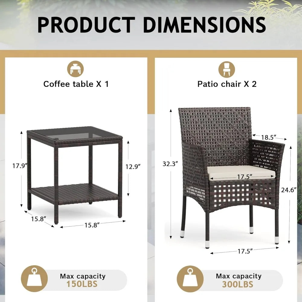 Patio Furniture Set 3 Pieces Outdoor Wicker Chairs Set of 2 with Coffee Table for Outside Porch Balcony (Brown)