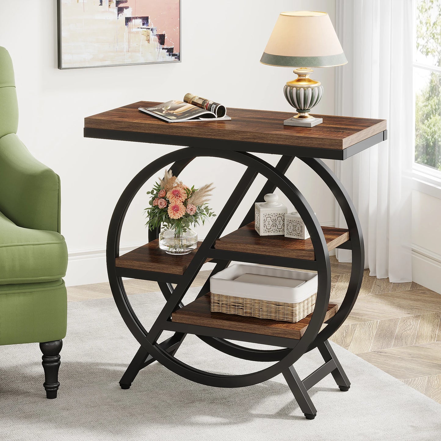 End Table for Living Room, 3-Tier Narrow Side Table with Storage, Wood Sofa Side Table with Geometric Metal Frame