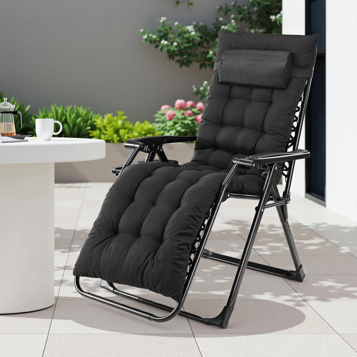Zero Gravity Recliner Camping Patio Lounge Chair Folding Portable with Cup Holder Trays Removable Cushion For Outdoor Garden