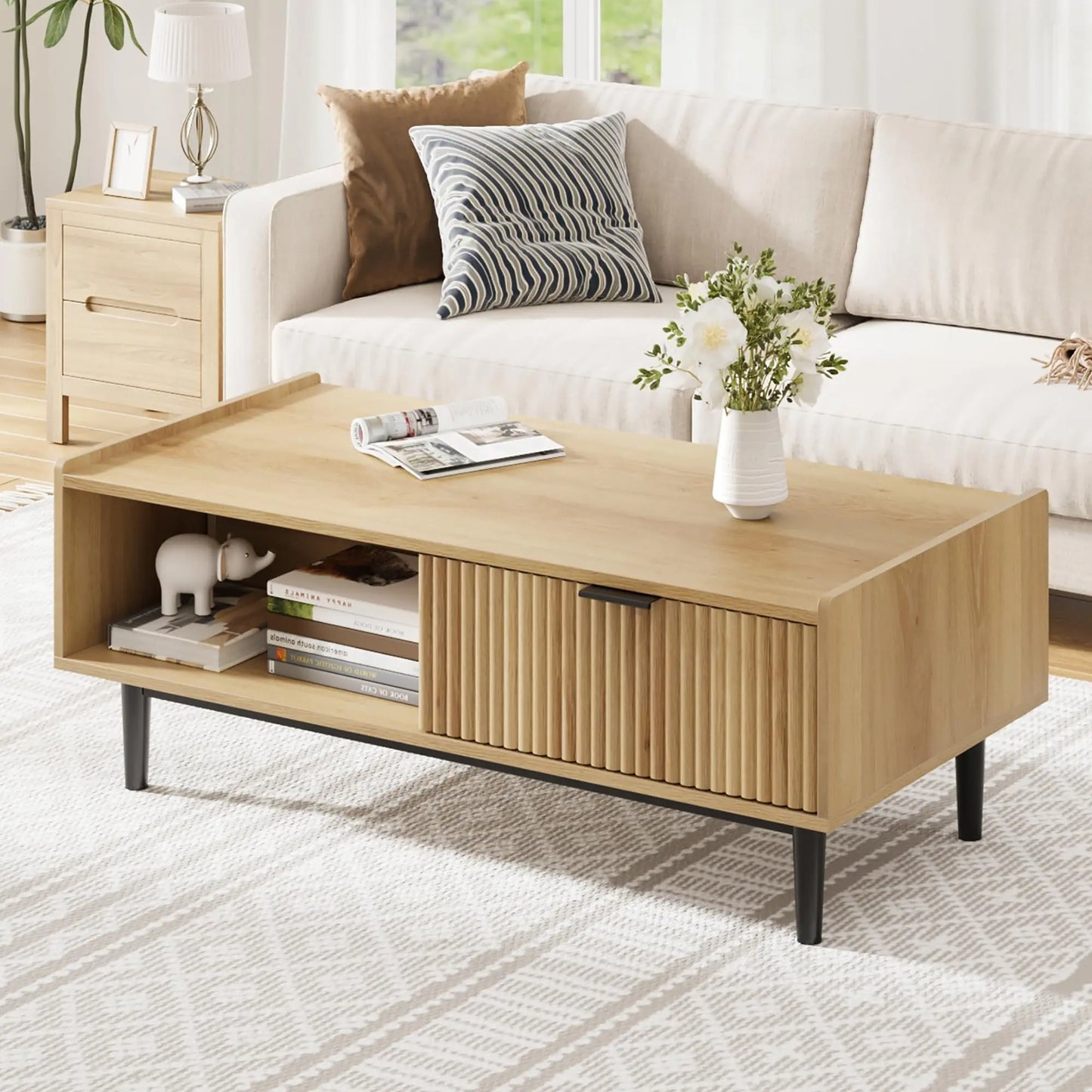 42.5" Fluted Coffee Table with Storage Drawer and Open Shelf, Mid-Century Modern Living Room Table in Light Wood