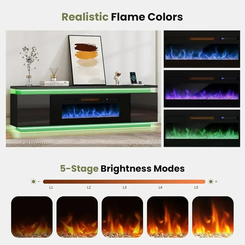 Black Entertainment Center Stand for 85 TVs with 40" Fireplaces And 4 AC Outlets Modern Living Room Furniture Customized