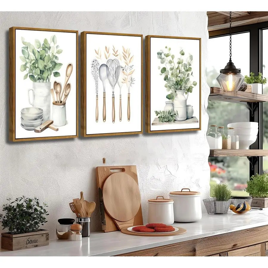 Farmhouse Kitchen Canvas Wall Art Sage Green Plants Painting Pictures Dining Room Wall Decor Eucalyptus Leaves Green Botanical P