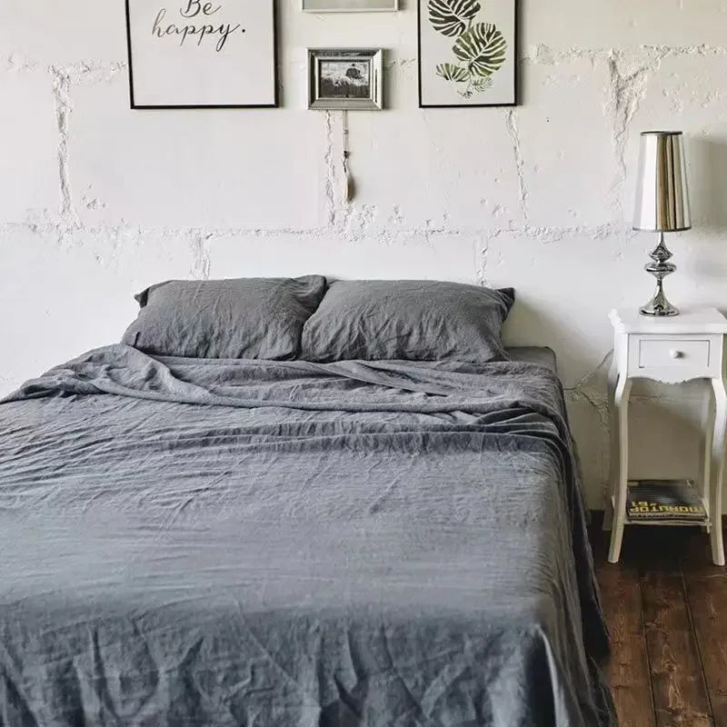 Natural Flax Bed Sheets Plus 2 Pillowcases 100% Washed Linen Sheet 3PCS Set Breathable Soft Farmhouse Home Bedding Flat Sheet