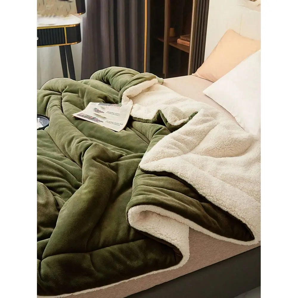 Olive Green Flannel Knitted Blanket For Bed