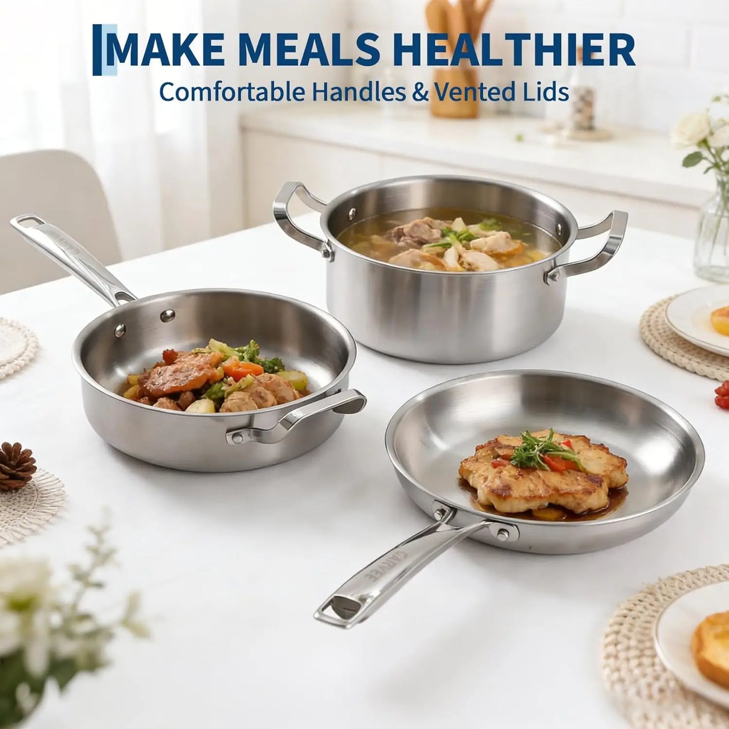 10-Pcs Tri-Ply Stainless Steel Cookware Set with Lid-Pots & Pans Set, Frying Pans,Saucepans,Saute Pan& Stock Pot for All Cooktop