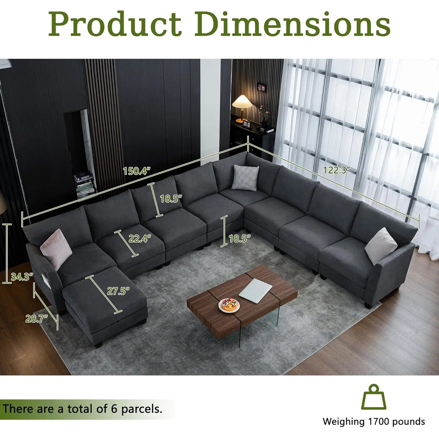 150.4" Large Sectional Couches for Living Room, 6 Seater L Shaped Modular Sectional Sofa with Storage Ottoman &, Customized