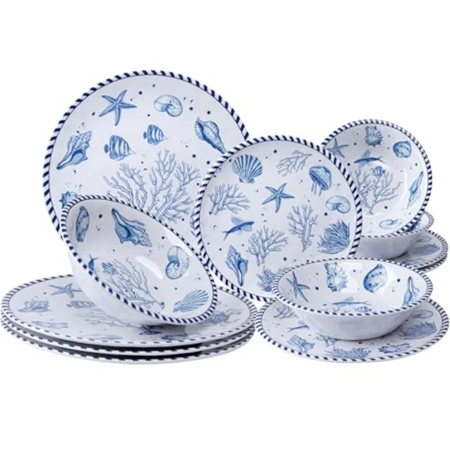 12-Piece Melamine Beach Dinnerware Set, Coastal Plates and Bowls Sets, ic Sea Dish Sets for 4, Great for Indoor Outdoor Dining