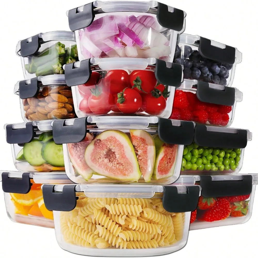 24pc Glass Bento Box With Leak Proof Snap Lock Lids Airtight Food Storage