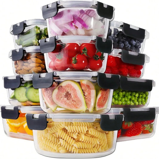 24pc Glass Bento Box With Leak Proof Snap Lock Lids Airtight Food Storage