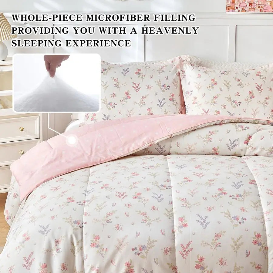 3pcs Cotton Comforter Set for Girls, Pink Floral Design, Twin Size Soft n Cozy Bedding Comforter Set for All Season 68x88 inches