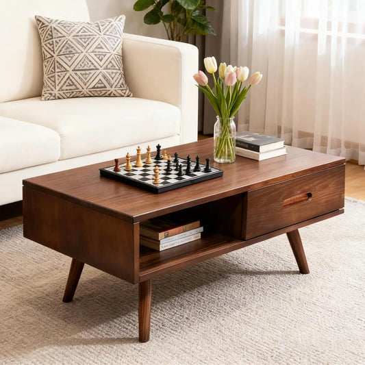 Solid Wood Coffee Table, Mid-Century Modern Coffee Tables with 2 Drawers & Open Shelf, Wooden Table for Living, Customized