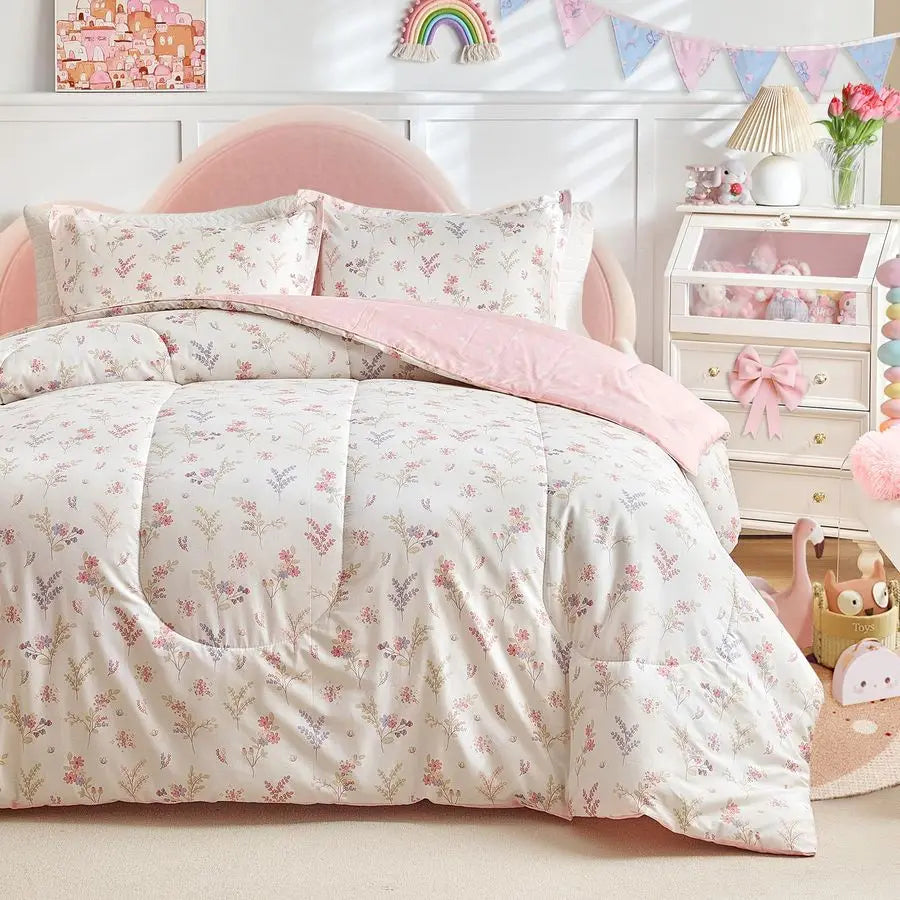 3pcs Cotton Comforter Set for Girls, Pink Floral Design, Twin Size Soft n Cozy Bedding Comforter Set for All Season 68x88 inches