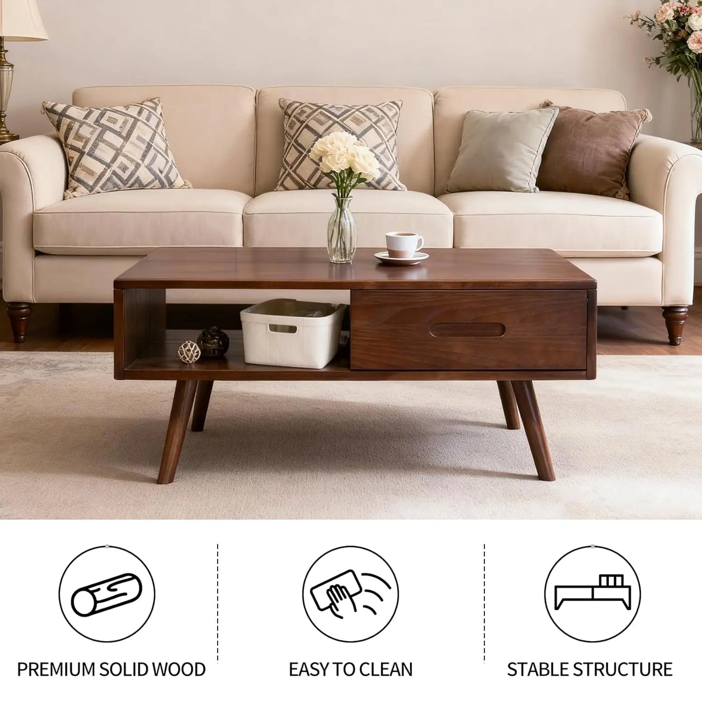 Solid Wood Coffee Table, Mid-Century Modern Coffee Tables with 2 Drawers & Open Shelf, Wooden Table for Living, Customized