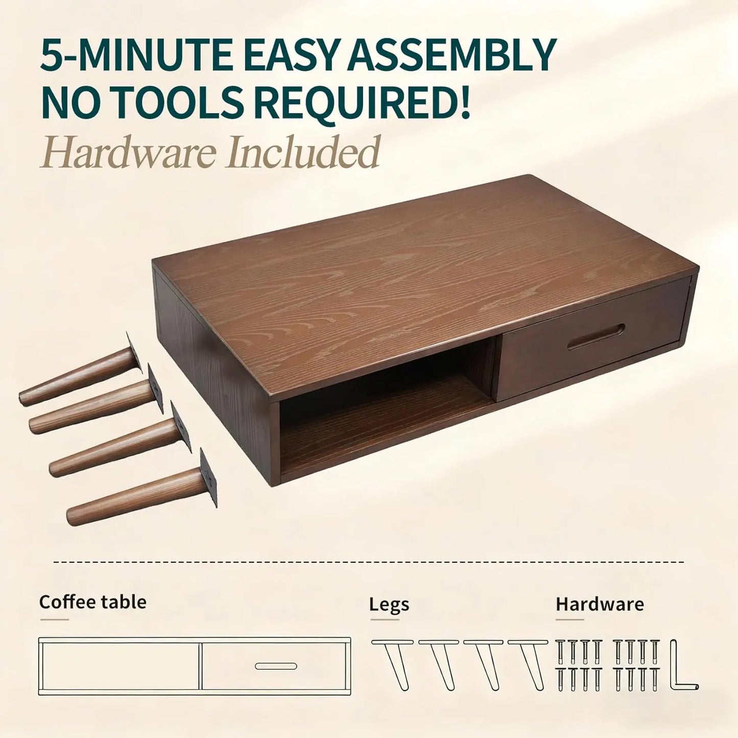 Solid Wood Coffee Table, Mid-Century Modern Coffee Tables with 2 Drawers & Open Shelf, Wooden Table for Living, Customized