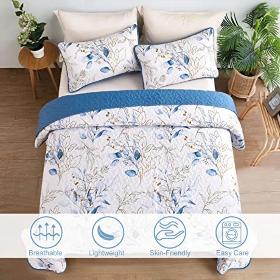Blue Quilt Set Queen3 Pieces Reversible Elegant Blue Botanical Leaves Pattern Bedspread Coverlet Soft Microfiber Bed Cover for