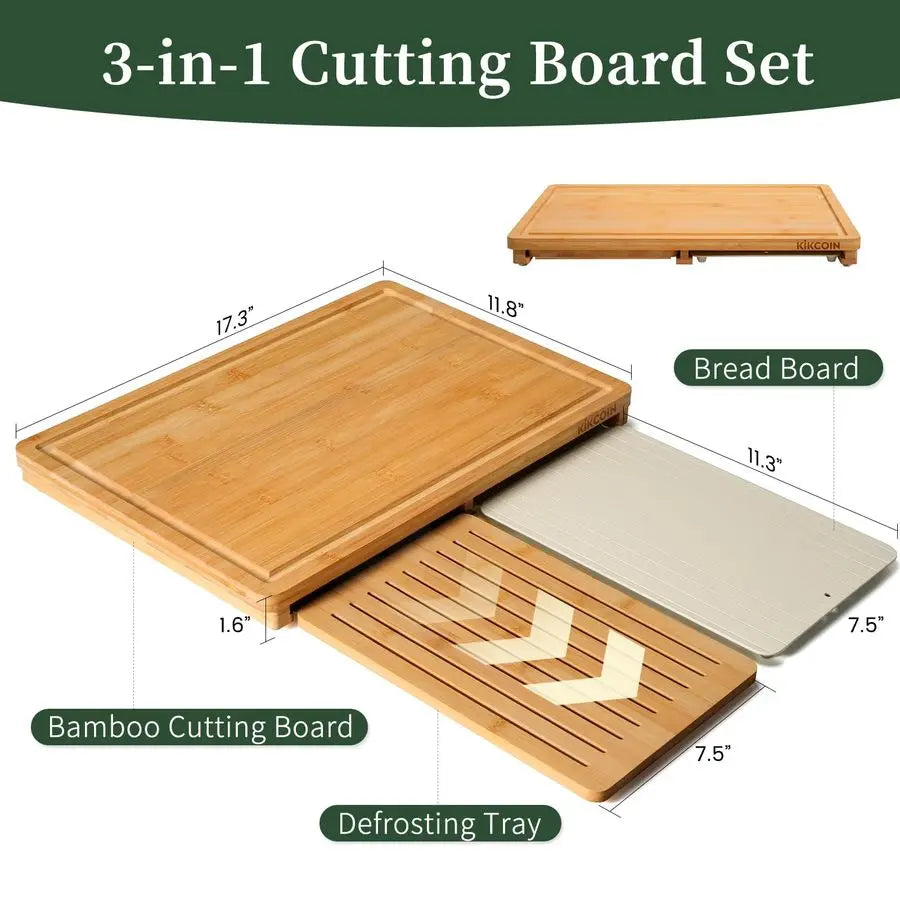 Bamboo Cutting Board Set with Defrosting Tray, Wood Cutting Boards for Kitchen with Deep Juice Grooves amp Builtin Organizer Mea