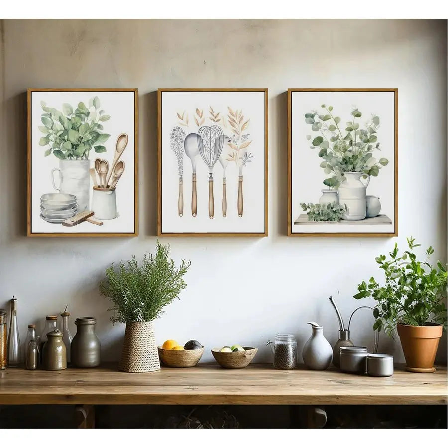 Farmhouse Kitchen Canvas Wall Art Sage Green Plants Painting Pictures Dining Room Wall Decor Eucalyptus Leaves Green Botanical P