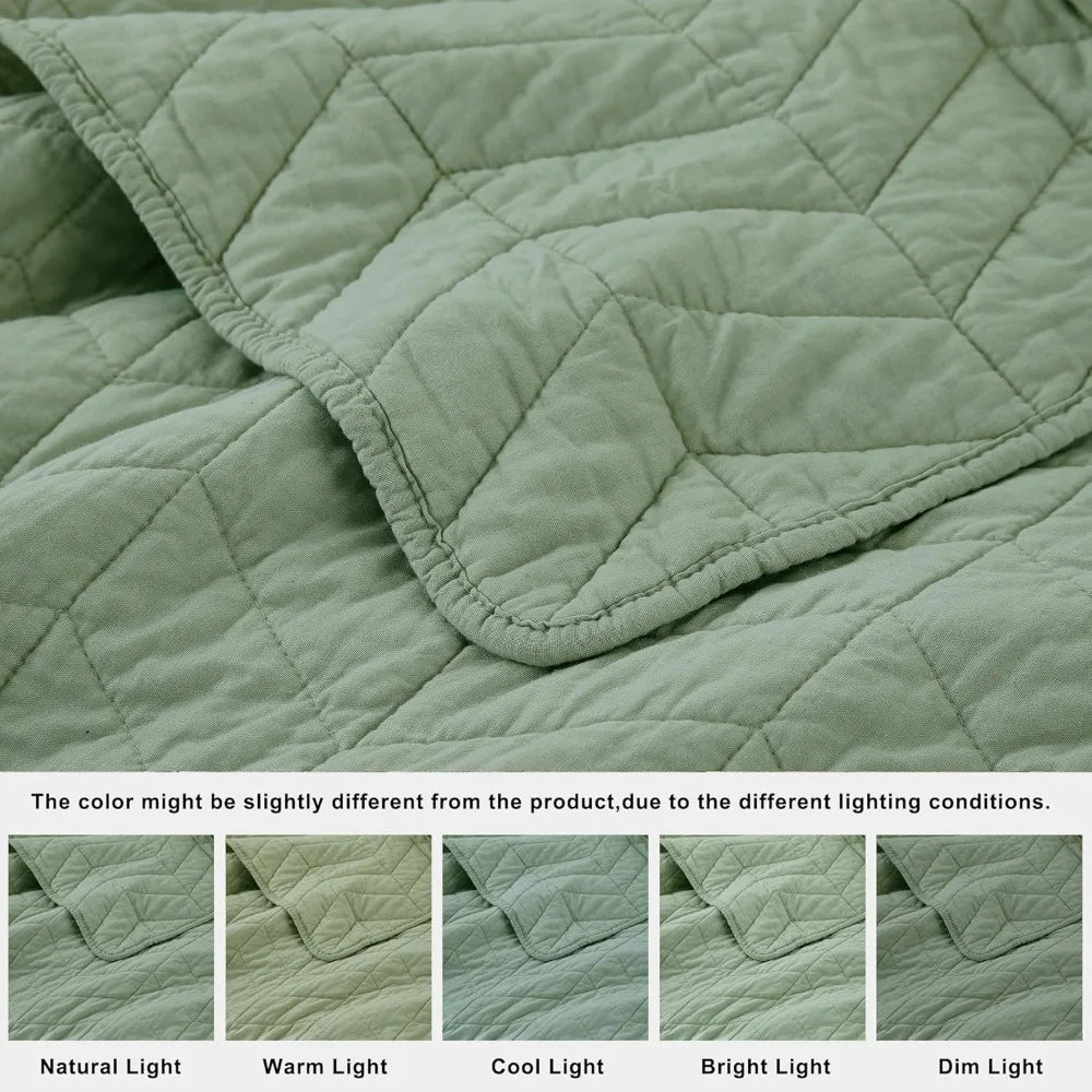 Cotton Quilt Set in Sage Green for California King Bed with Oversized Soft Bedspread and Pillow Shams