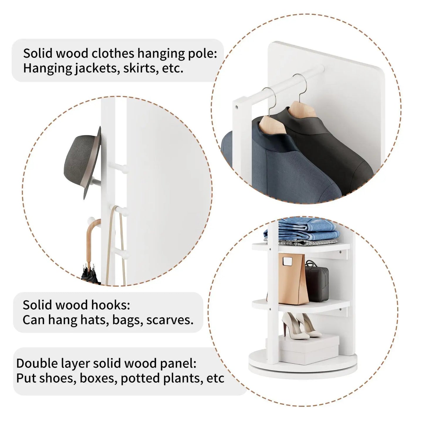 Multifunctional Rotating Full Body Mirror Storage Rack Solid Wood Standing Coat Rack Mirror for Bedroom Living Room Home Gym