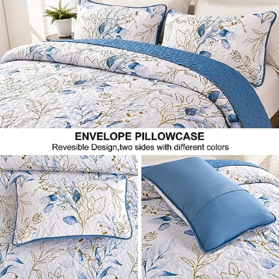 Blue Quilt Set Queen3 Pieces Reversible Elegant Blue Botanical Leaves Pattern Bedspread Coverlet Soft Microfiber Bed Cover for