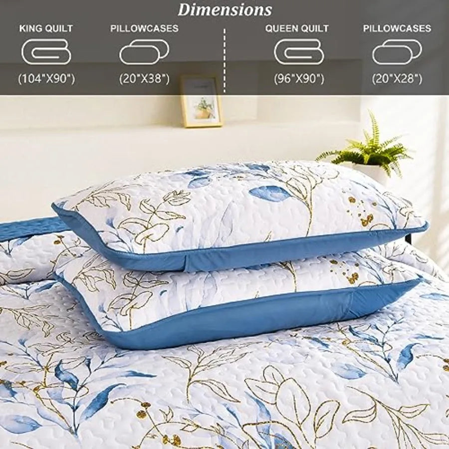 Blue Quilt Set Queen3 Pieces Reversible Elegant Blue Botanical Leaves Pattern Bedspread Coverlet Soft Microfiber Bed Cover for