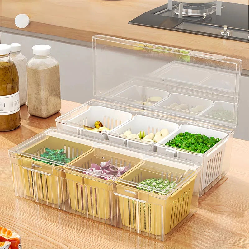 1 set of kitchen refrigerator accessories with a lid, food storage container, with 3 transparent square detachable compartment d