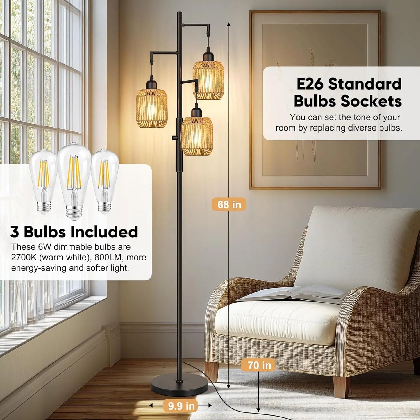 Dimmable Boho Floor Lamp - 3 Light Farmhouse Rattan Design for Living Room, Bedroom & Office, 68" Black