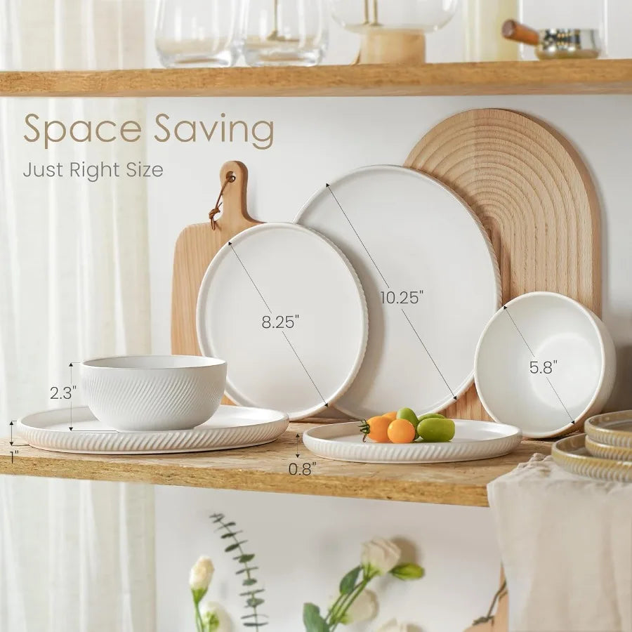 Dinnerware Sets for 4 12Piece Ceramic Plates and Bowls Set Dishwasher and Microwave Safe Stoneware Dishes Set Ribbed