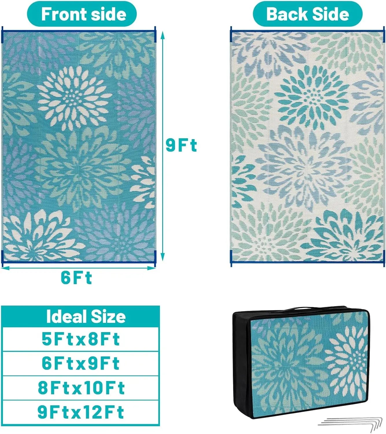Waterproof Outdoor Rug 6x9 for Patios, Floral Reversible Plastic Straw Rug Patio Mat, Indoor Outdoor Carpet RV Mat Camping Ru