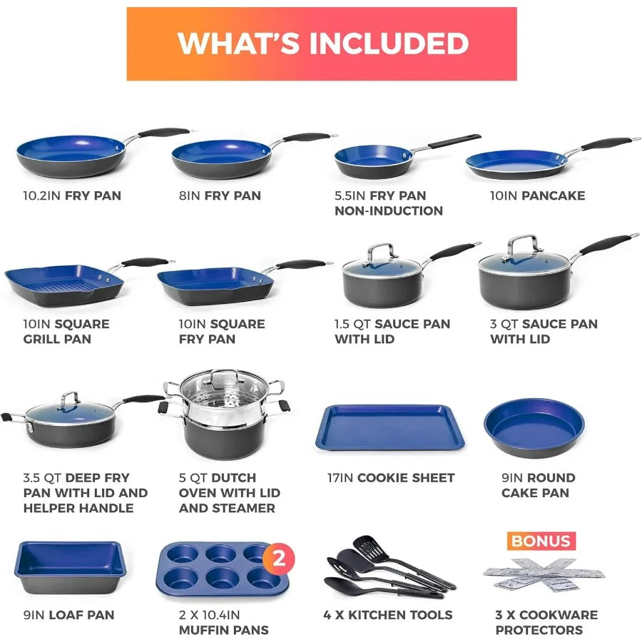 Sapphire UltraClad Kitchen Induction Pots and Pans Set Nonstick Induction Cookware Sets -24pc for Cooking Kitchen Cookware Sets,