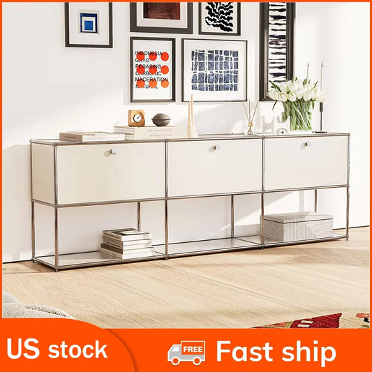 Storage Cabinet Storage Shelf Stainless Steel Metal Board Living Room Cabinet Sideboard Cabinet Modular Furniture-No Keys