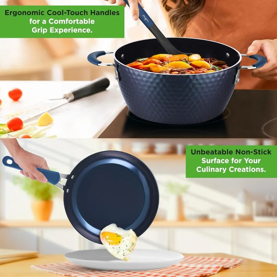 11 Pc Blue Diamond Nonstick Ceramic Cookware Set Durable Pots and Pans with CoolTouch Handles Lids Utensils
