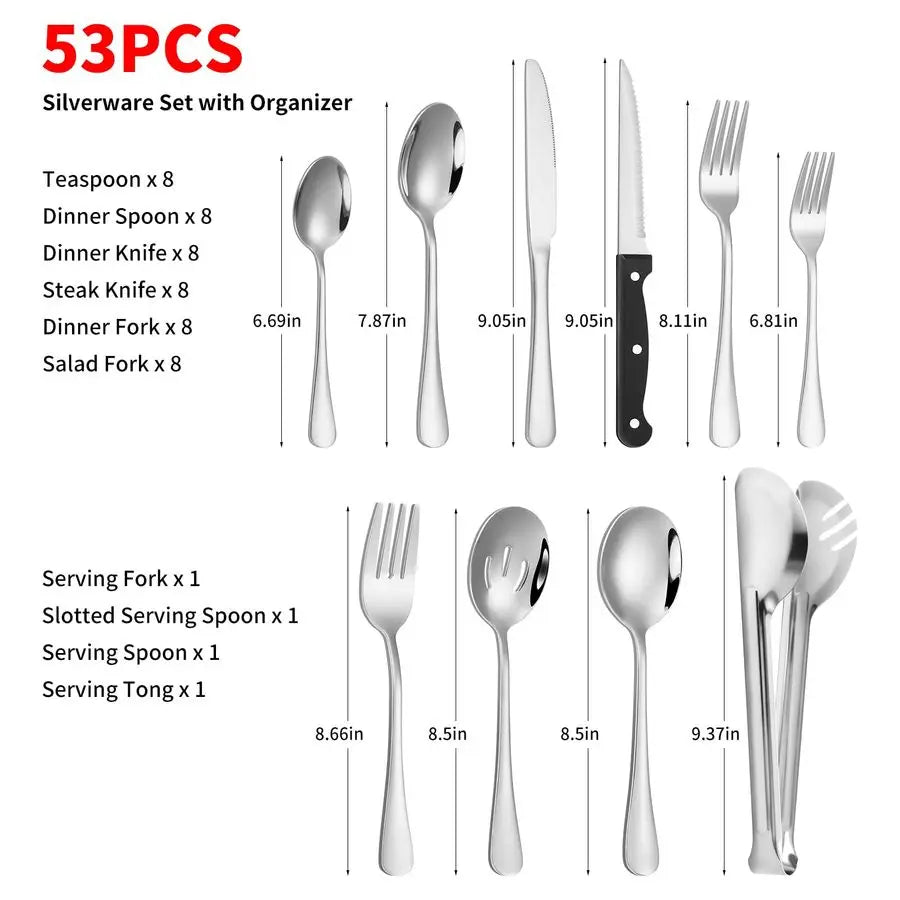 Silverware Set for 8 with Flatware Drawer Organizer, Stainless Steel Cutlery Set with Steak Knives, Include Spoons and Forks Set