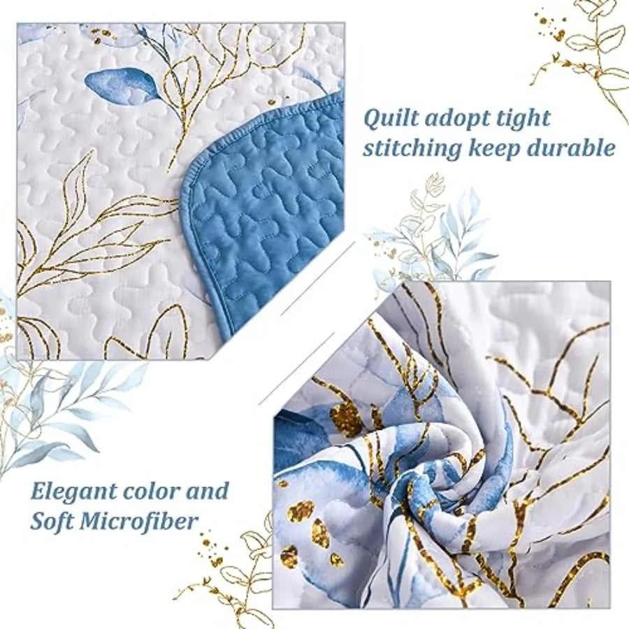 Blue Quilt Set Queen3 Pieces Reversible Elegant Blue Botanical Leaves Pattern Bedspread Coverlet Soft Microfiber Bed Cover for