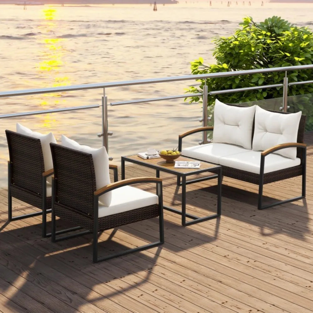 4PCS Patio Outdoor Furniture Rattan Conversation Sofa Set w/Tabletop & Cushions