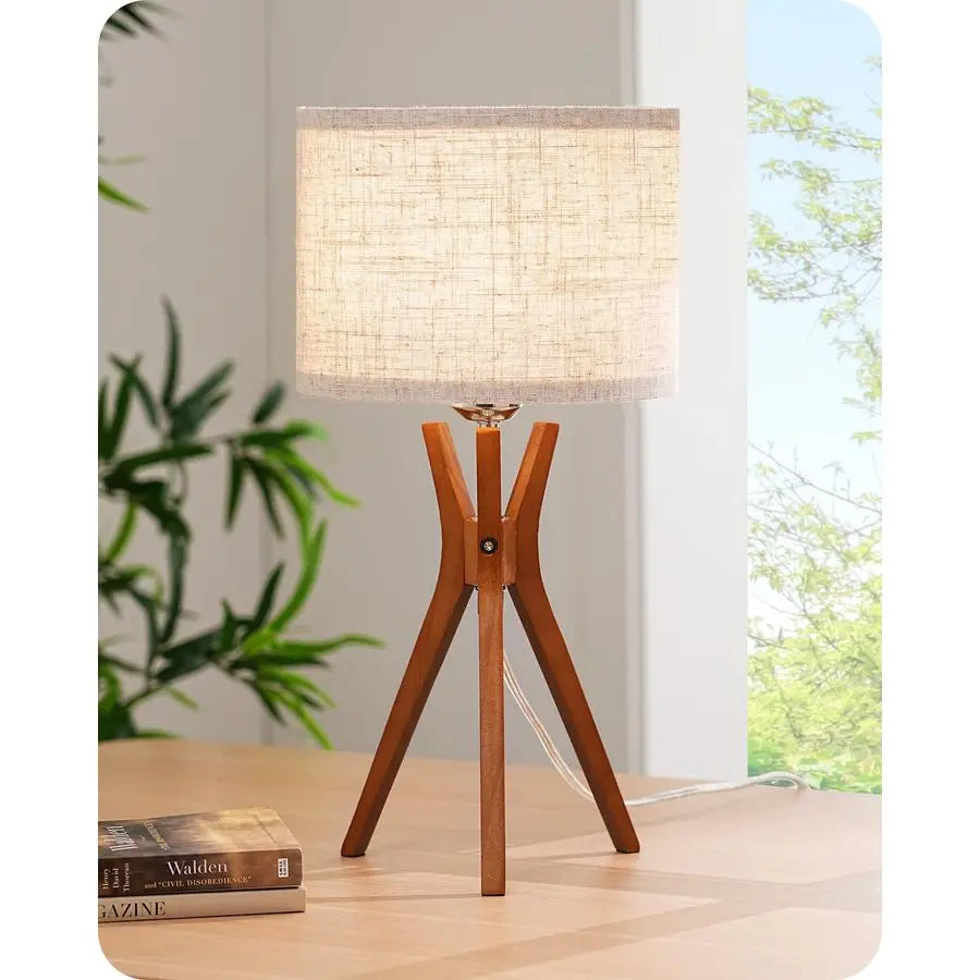 Mid Century Table Lamp, 17.5 Tripod Bedside Lamp with Deep Wood Color Light Base amp Beige Linen Lampshade, Nightstand Lamp for