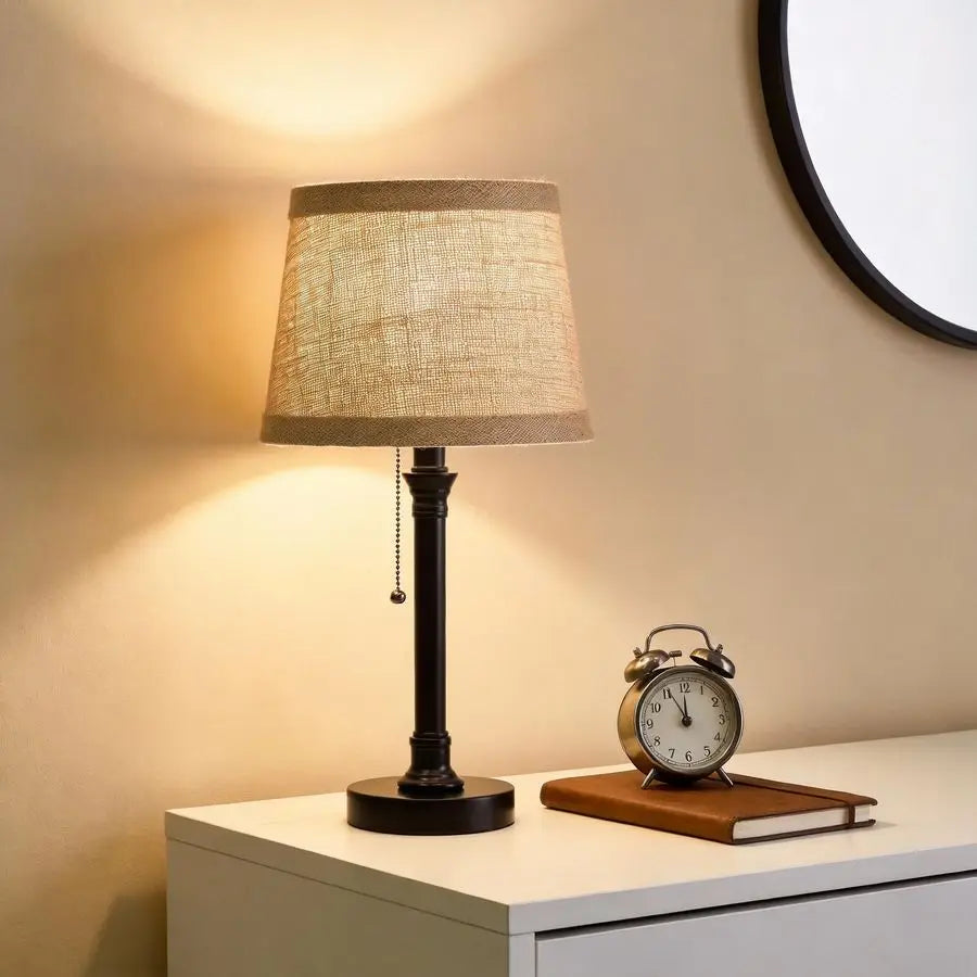 19.5 Small Table Lamp for Bedroom Bedside Lamps for Nightstand, Black Table Lamp for Living Room with Fabric Shade, Desk Reading