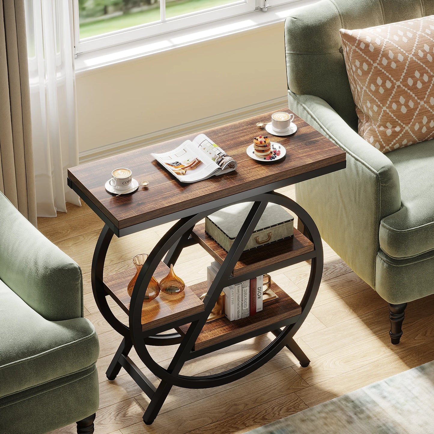 End Table for Living Room, 3-Tier Narrow Side Table with Storage, Wood Sofa Side Table with Geometric Metal Frame
