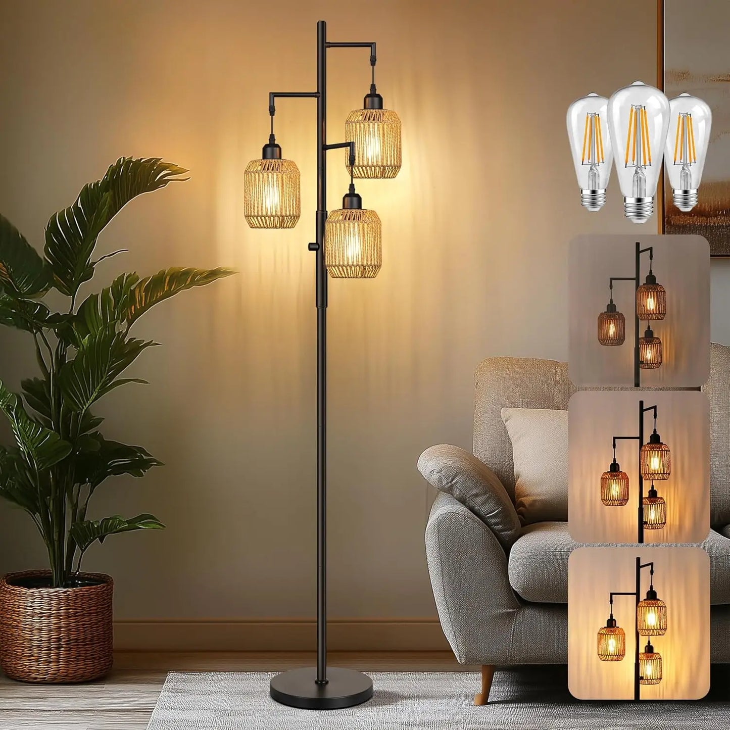 Dimmable Boho Floor Lamp - 3 Light Farmhouse Rattan Design for Living Room, Bedroom & Office, 68" Black