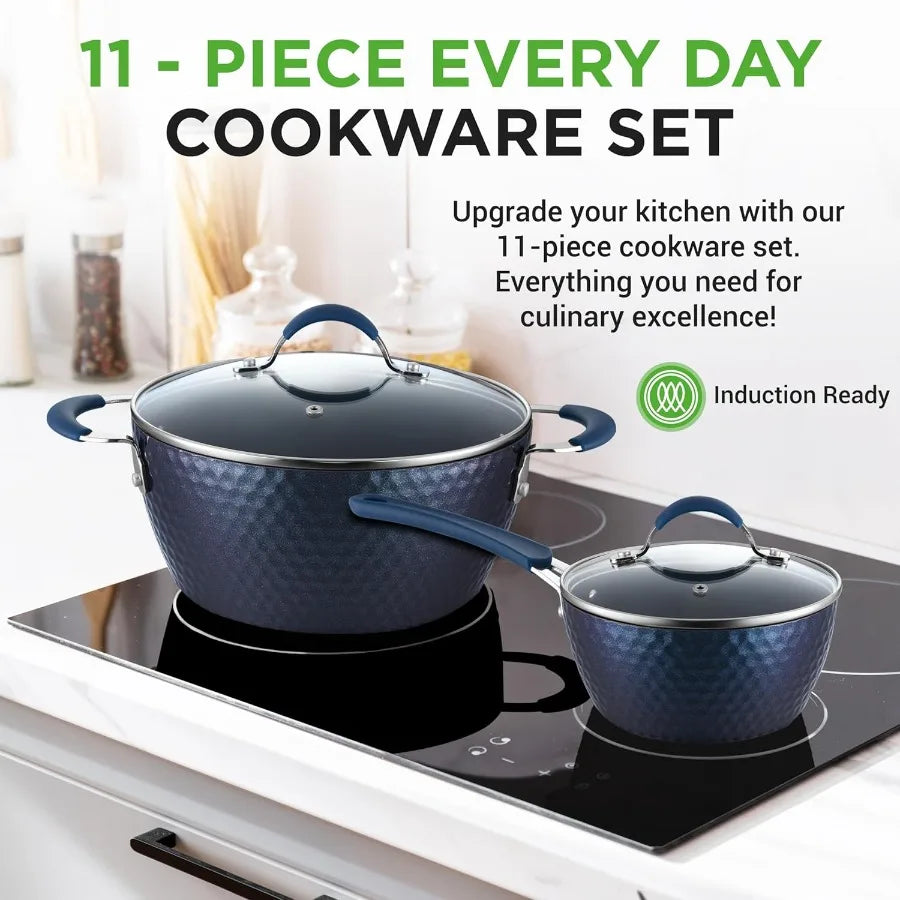 11 Pc Blue Diamond Nonstick Ceramic Cookware Set Durable Pots and Pans with CoolTouch Handles Lids Utensils