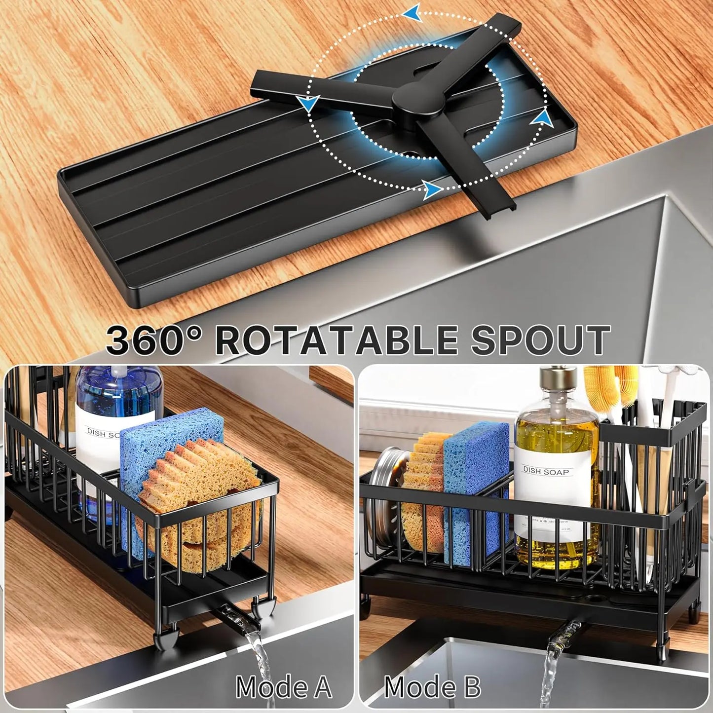 Stainless Steel Sink Caddy Organizer with Brush Holder, Rustproof Kitchen Countertop Storage Essentials (Black, 9.25")