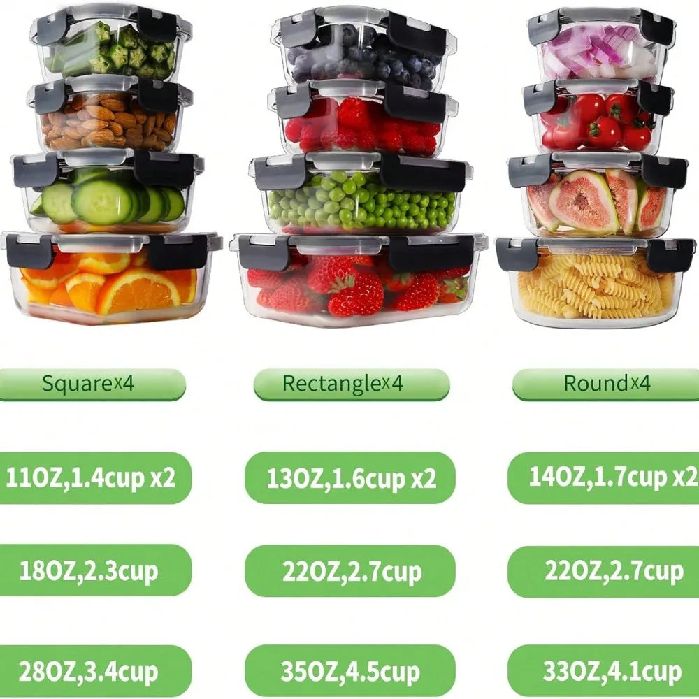 24pc Glass Bento Box With Leak Proof Snap Lock Lids Airtight Food Storage