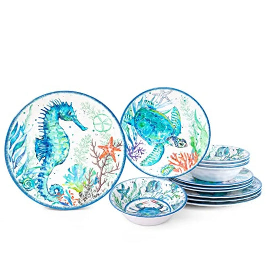 12-Piece Melamine Beach Dinnerware Set, Coastal Plates and Bowls Sets, ic Sea Dish Sets for 4, Great for Indoor Outdoor Dining
